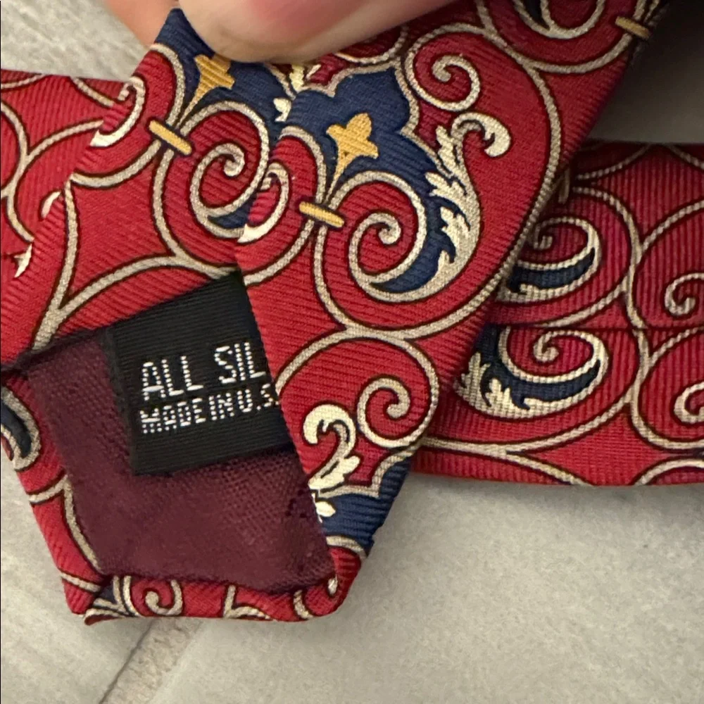 Dior Red Tie with Navy and Gold Scroll Motif